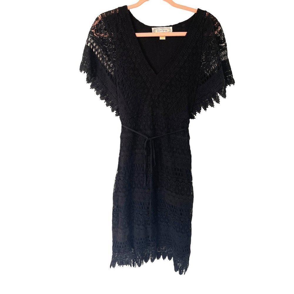 Beyond Vintage Crochet Lace Dress Womens Size XS Cotton Rayon Lined Zipper Black